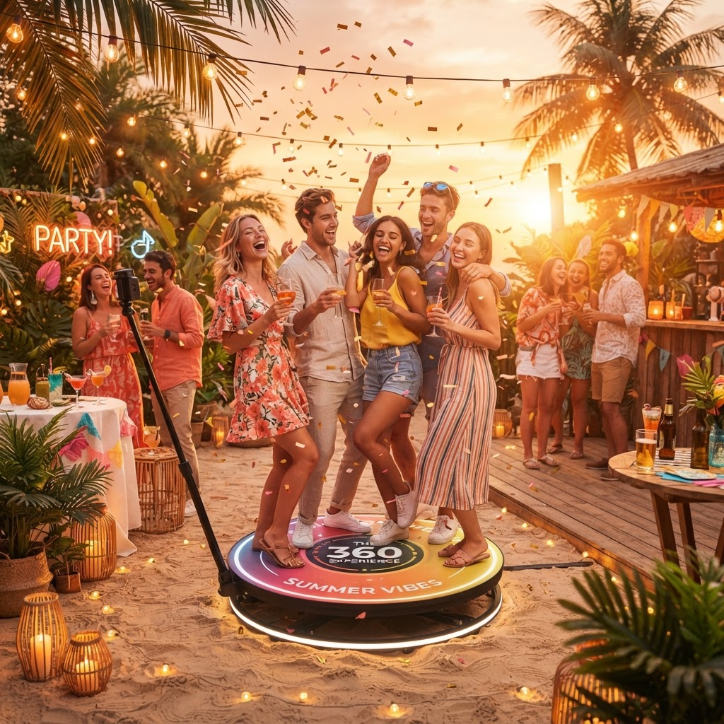 Fiesta de verano con plataforma 360 al atardecer